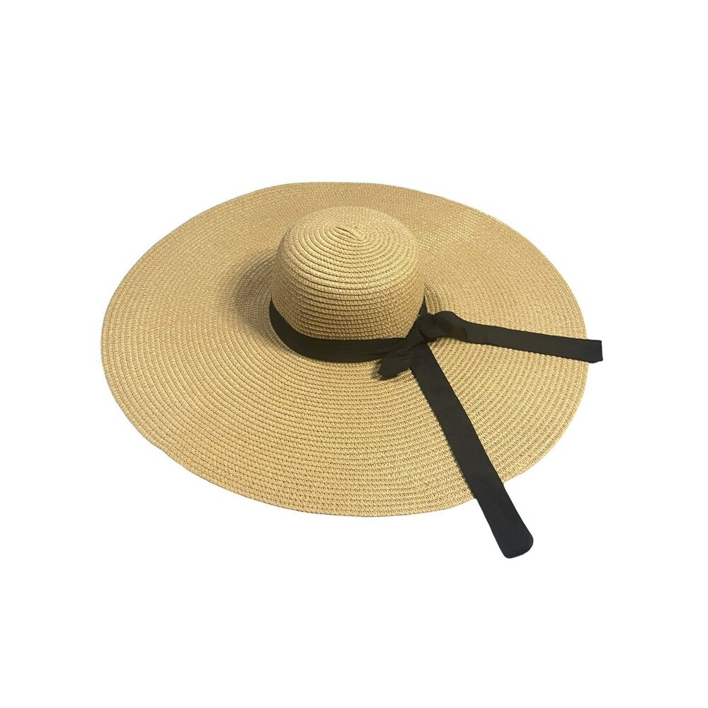 Large Brim Sun Hat Natural Brown with Black Bow, 7 inch Brim One Size 100% Paper